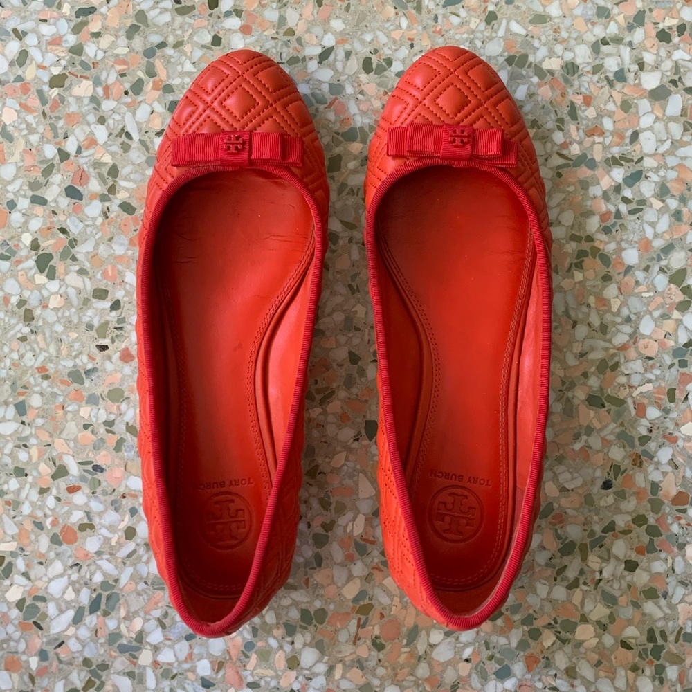 Tory Burch Marion red-orange quilted ballet flats with red bow